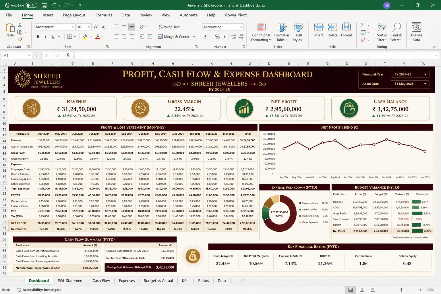 Profit, Cash Flow & Expense Dashboard spreadsheet dashboard