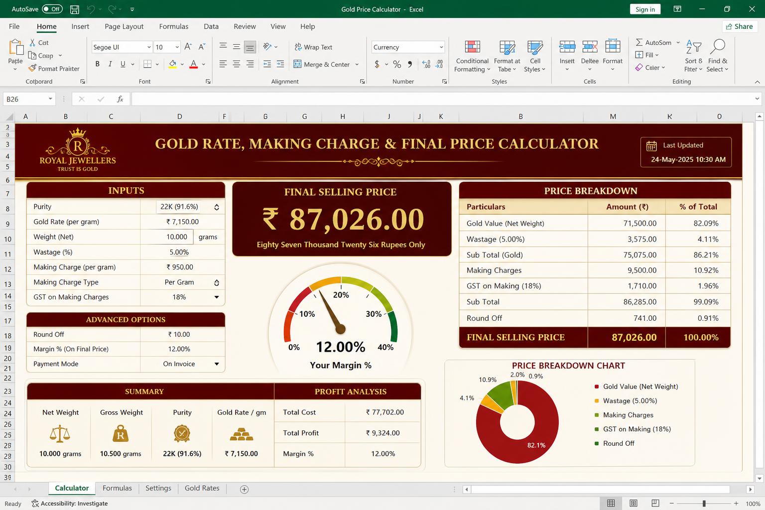 Gold Price & Making Charge Calculator spreadsheet dashboard